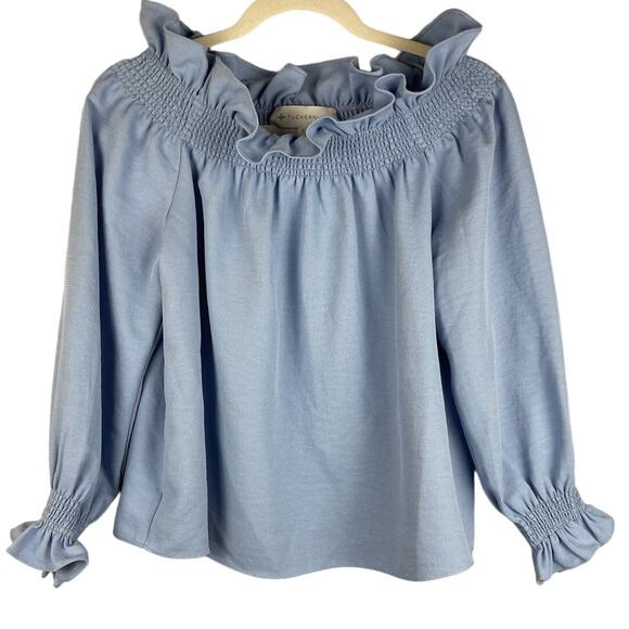 Tuckernuck Sky Blue‎ Ruffled Off-The-Shoulder Marguerite Blouse Size Small - Picture 2 of 10